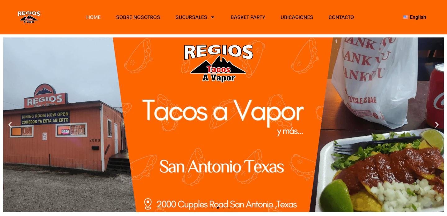 Sitio web de Regios Tacos a Vapor con su sucursal de San Antonio, Texas, y sus tacos a vapor.