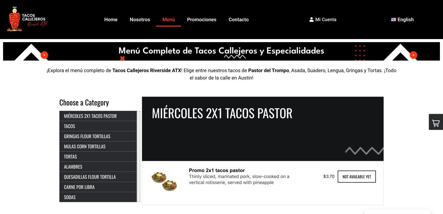 Menú en línea de Tacos Callejeros Riverside en Austin con la promoción de miércoles 2x1 en tacos al pastor.