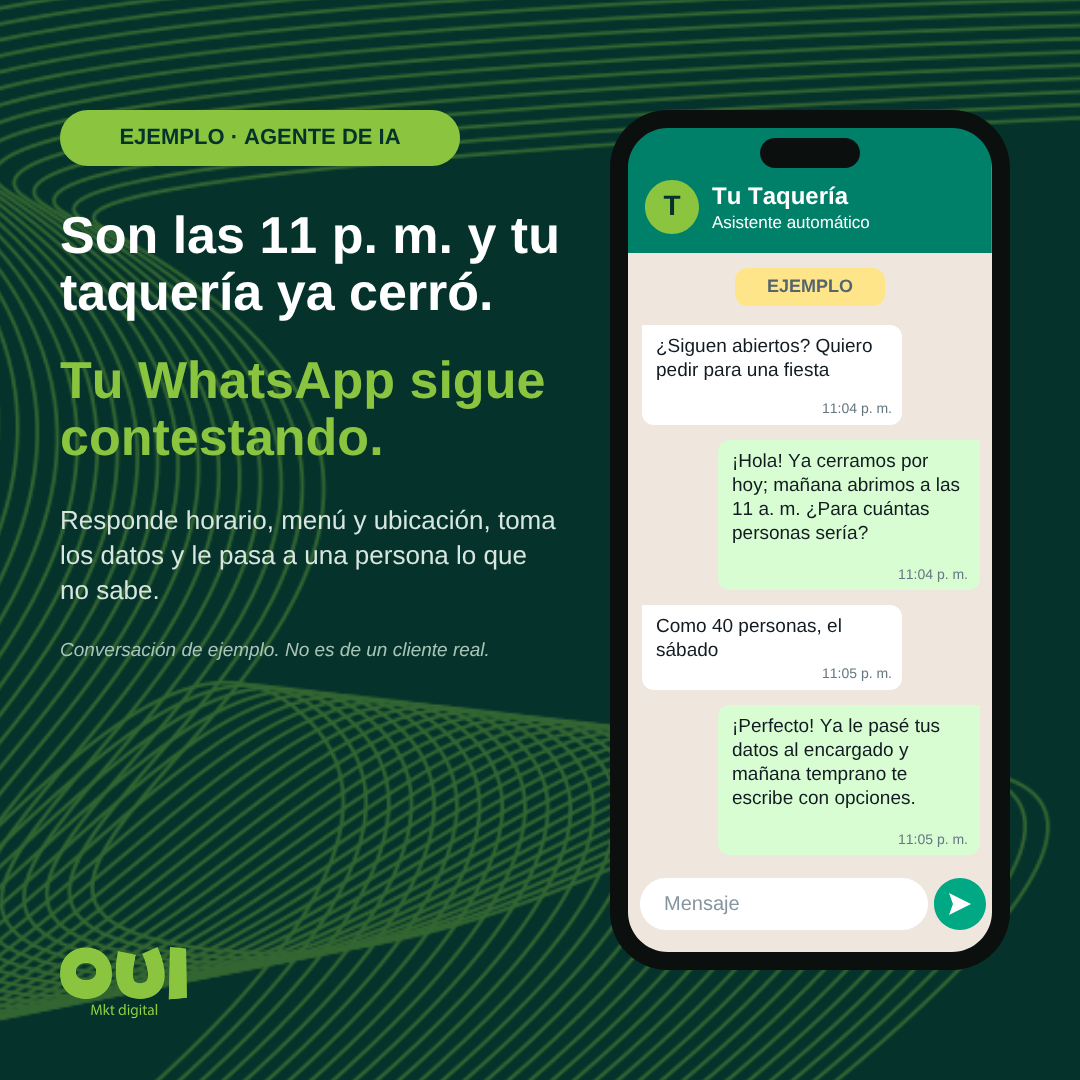 Ejemplo de conversación de WhatsApp de una taquería a las 11 de la noche, contestada por un agente de IA que toma los datos y los pasa al encargado.